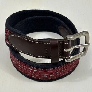 Vineyard Vines Maroon Patterned Canvas Belt with Brown Leather